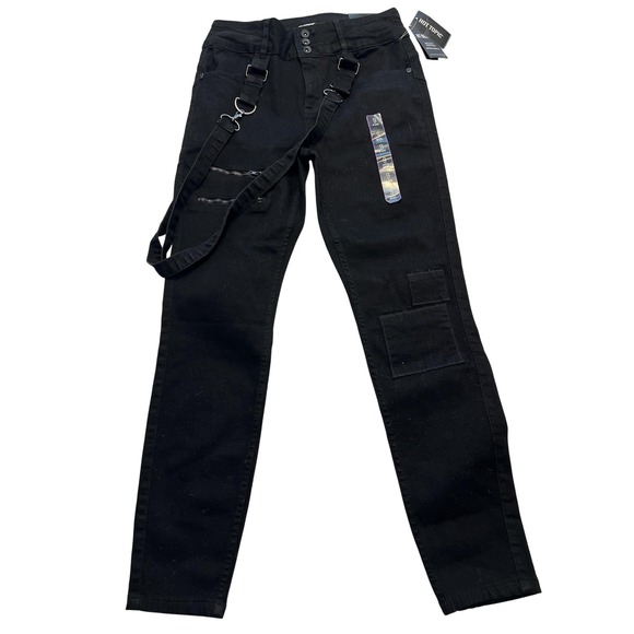 HT Denim Hot Topic Jeans Womens 9 Black High Rise Super Skinny Harness D-Ring - Picture 1 of 9